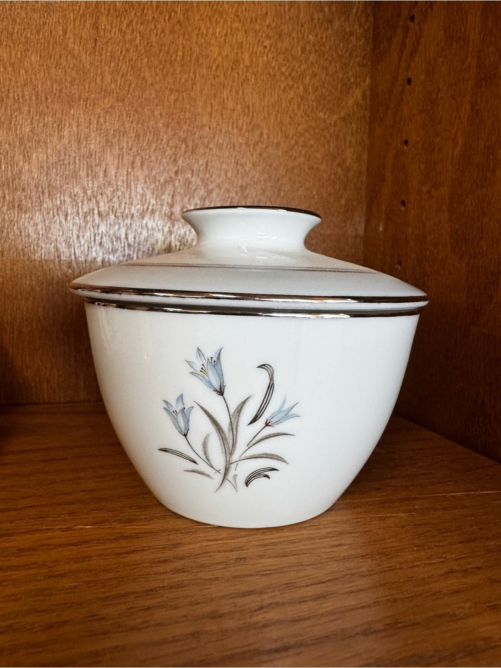 Noritake White Porcelain Lidded Sugar Bowl- Blue Floral Motif and Silver Trim